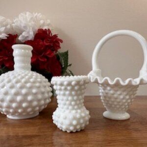 Hobnail Milk Glass Basket Jar and Vase Set Vintage Mid Century White Glass Decor